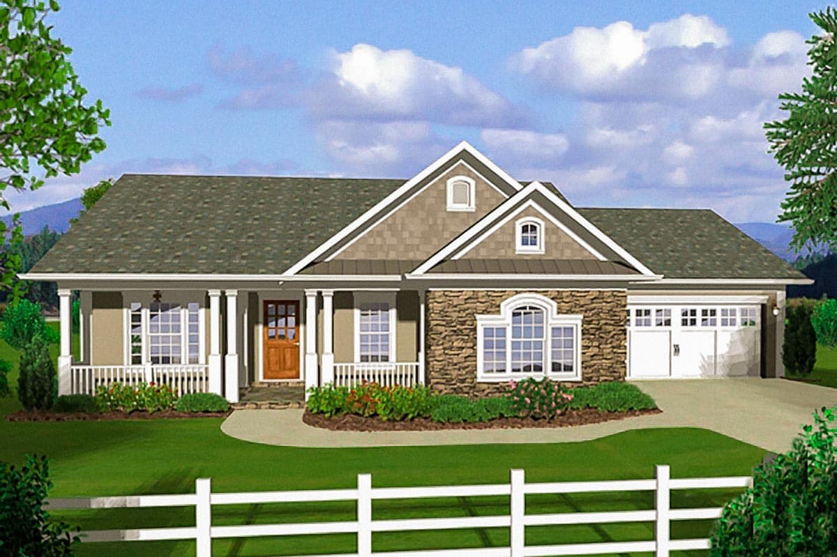 House plan exterior: One-story home with covered front porch, stone accents, gables, dormers, and a two-car garage.