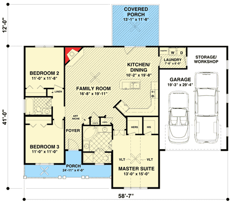 Plan 20108GA: 3 Bedroom Ranch With Covered Porches - Floor Plan - Main Level - Country, Ranch, Traditional