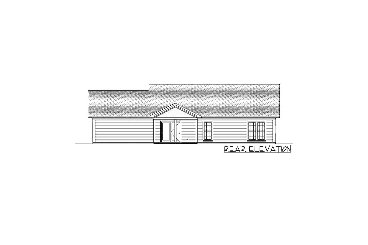 Rear elevation drawing of a single-story house with a gable entry, double doors, and two multi-pane windows.