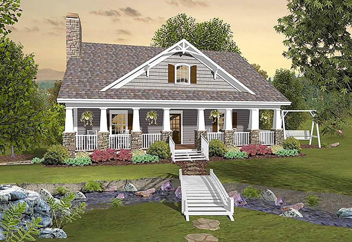 House plan exterior of a one-story Craftsman home with a full-width porch, stone-clad porch supports, and a prominent gable.