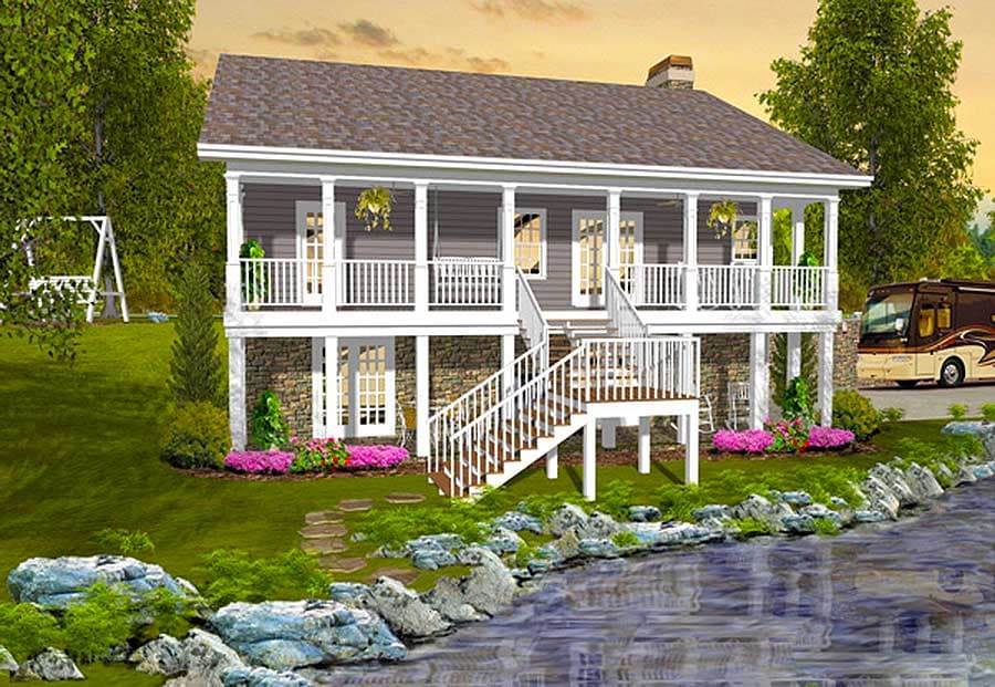 House plan exterior: Two-story home with a wraparound porch, stone base, and a prominent central staircase.