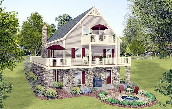 House plan exterior featuring a stone foundation, two levels of wraparound decks with white railings, and a prominent gable end.