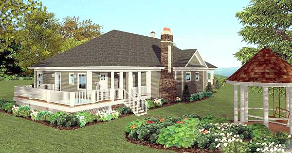 House plan exterior: Single-story home with a wrap-around porch, prominent brick chimney, and a detached gazebo.
