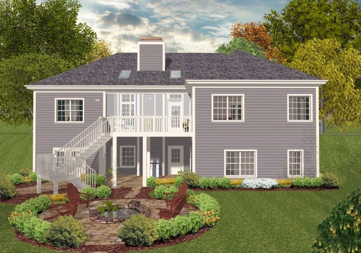 House plan exterior view: Two-story gray house with a gabled roof, upper deck, lower patio with fire pit, and side stairs.