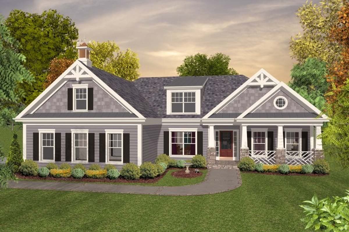 House plan exterior: Modern Farmhouse style, one story, front porch with columns, multiple gables, and dormer window.