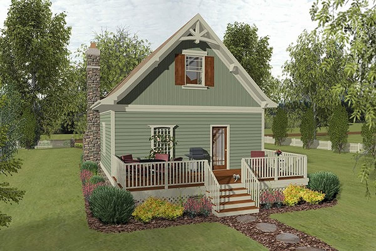 House plan exterior: One-story cottage with stone chimney, gabled dormer, and wraparound porch with railing.
