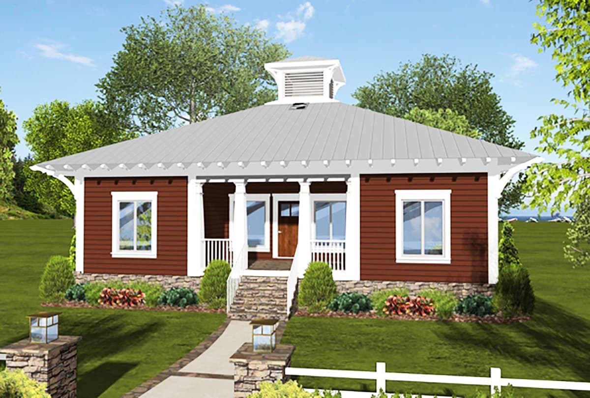 House plan exterior: Single-story home with a metal hip roof, covered front porch with columns, and a cupola.