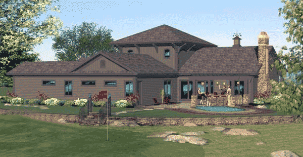 House plan exterior showing a two-story home with a central hipped roof, stone chimney, and covered patio with pool.