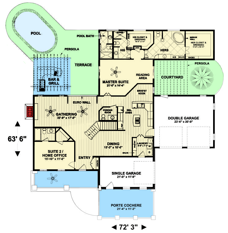 Plan 20122GA: Mountain Home with Side Courtyard - Floor Plan - Main Level - Craftsman, Mountain, Vacation