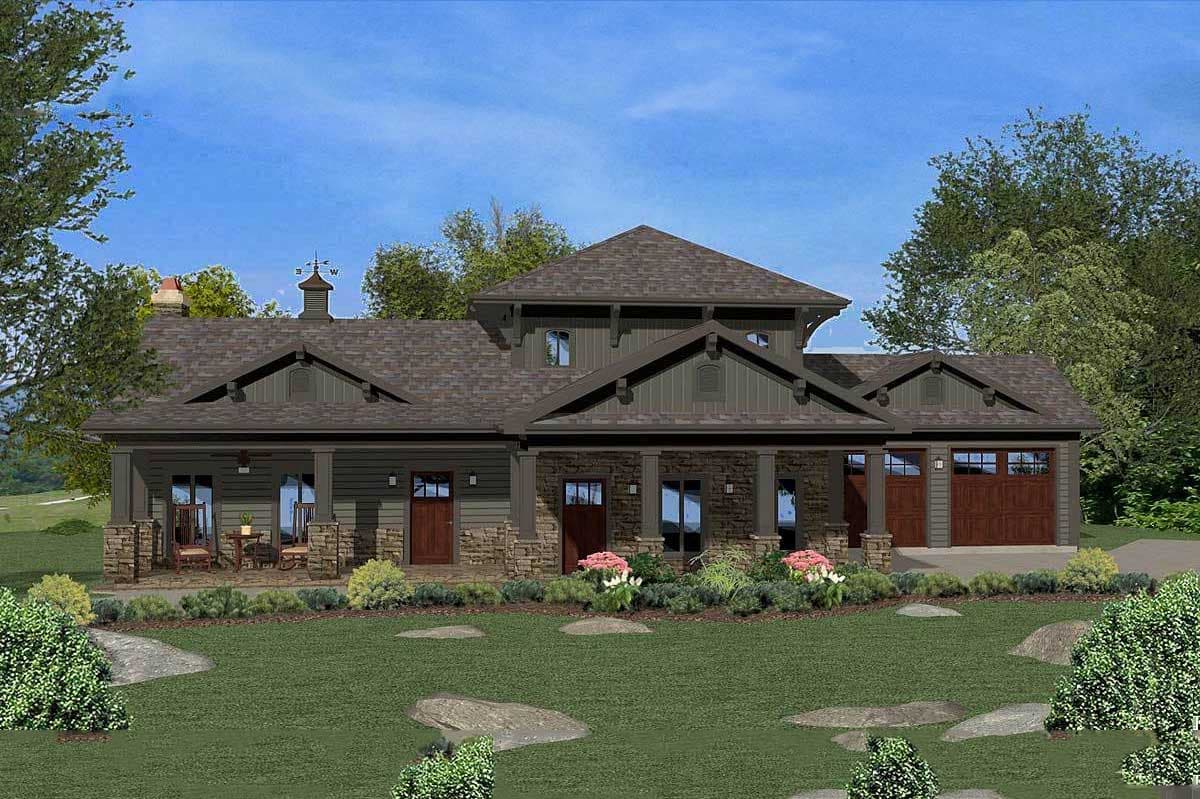House plan exterior shows a two-story Modern Farmhouse with a wraparound porch, stone accents, and a three-car garage.