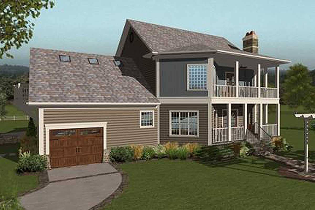 House plan exterior: two-story home with attached garage, gabled roof, dormers, and wrap-around porch.