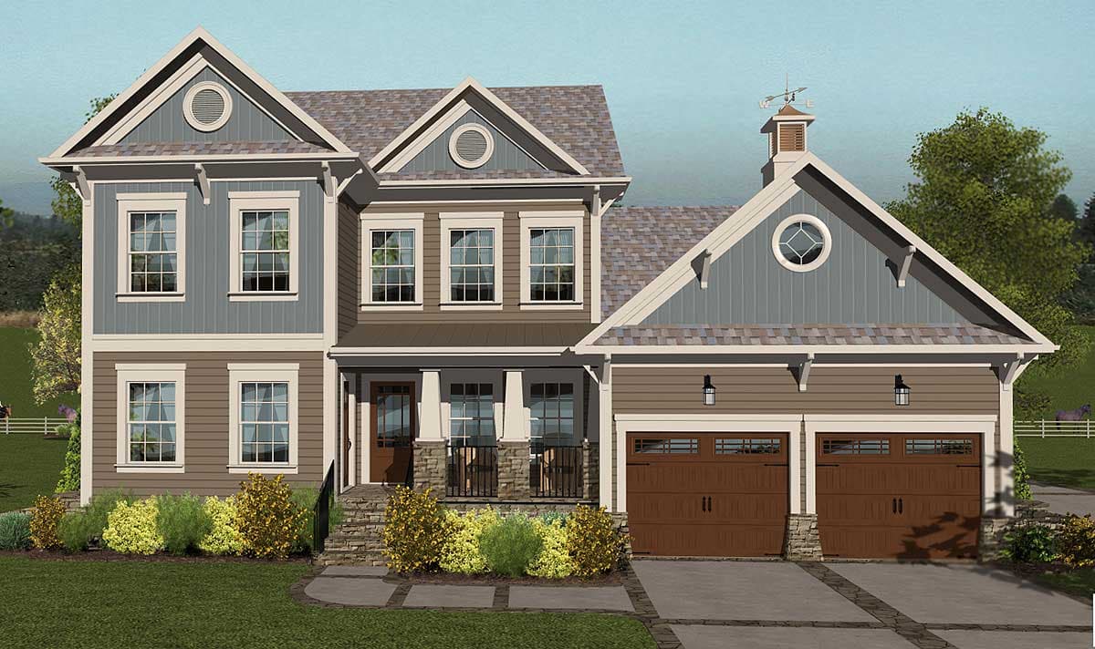 House plan exterior: two-story, blue and brown siding, gables with circular vents, covered porch, and a three-car garage.