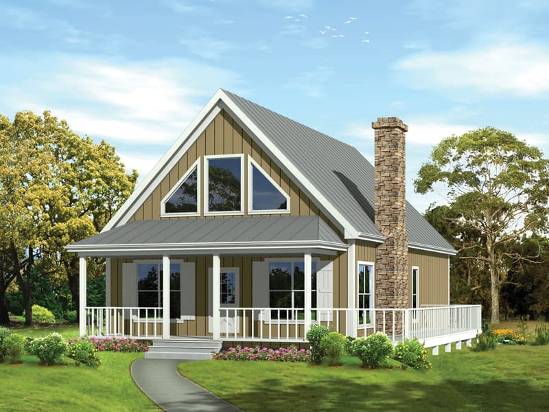 House plan exterior: One-story Modern Farmhouse with covered porch, stone chimney, metal roof, and prominent gable windows.
