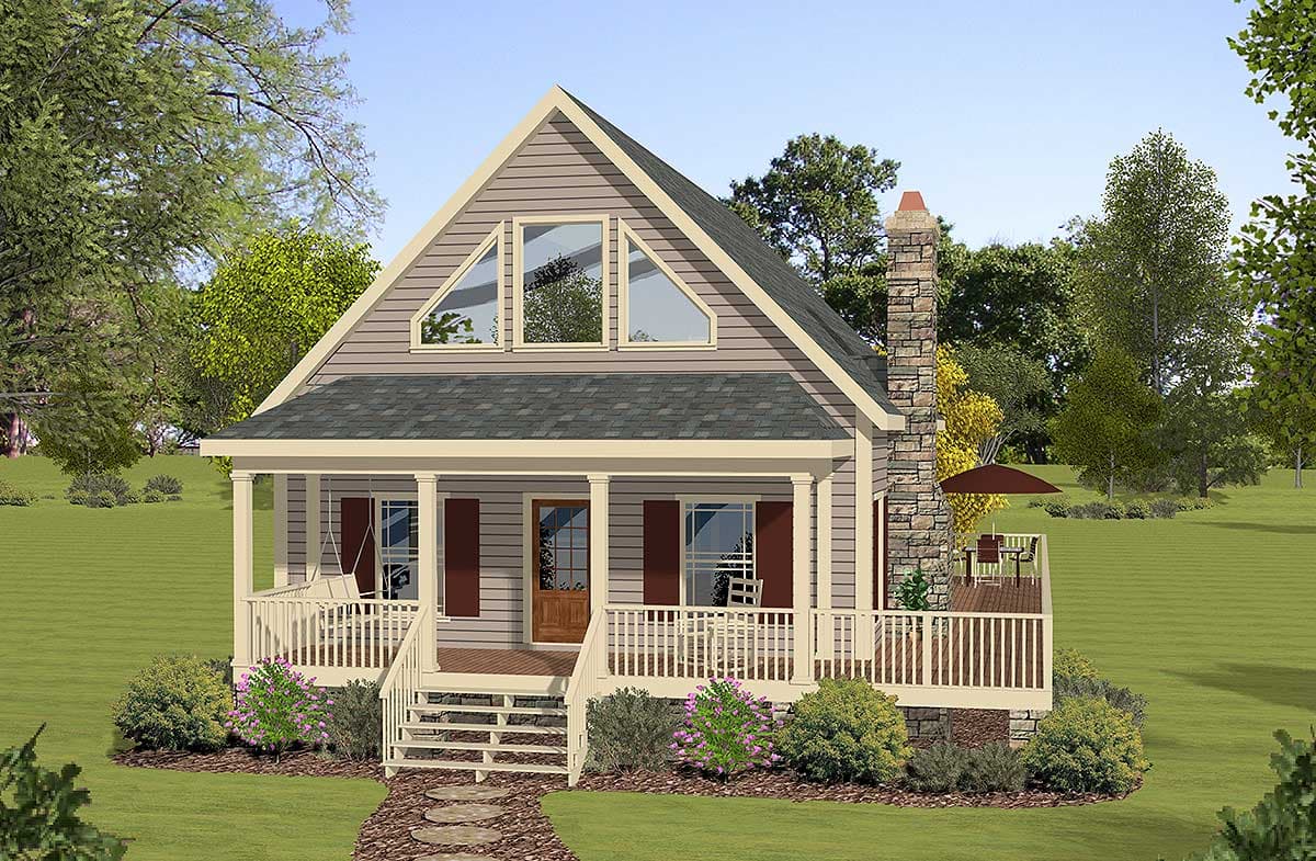 House plan exterior: Two-story cottage-style home with a prominent stone chimney, wraparound porch, and triangular attic windows.