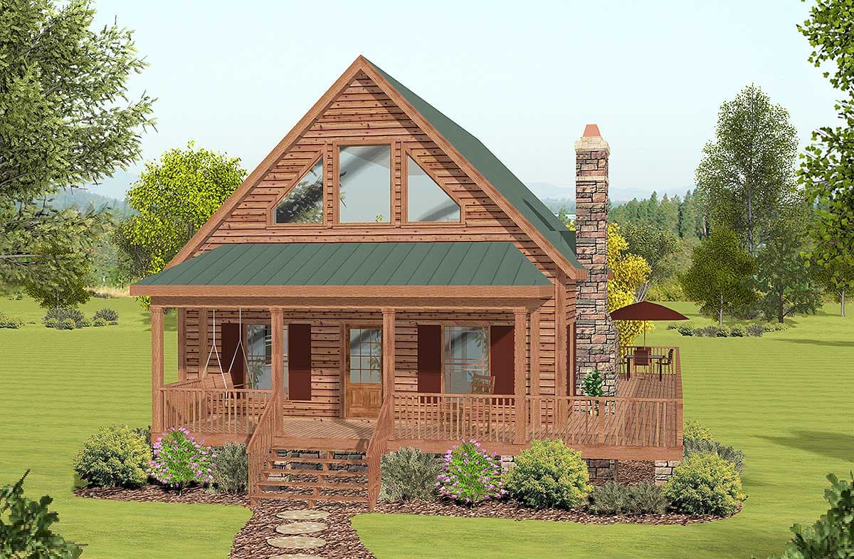 Log cabin house plan exterior with wrap-around porch, stone chimney, and A-frame gable windows.