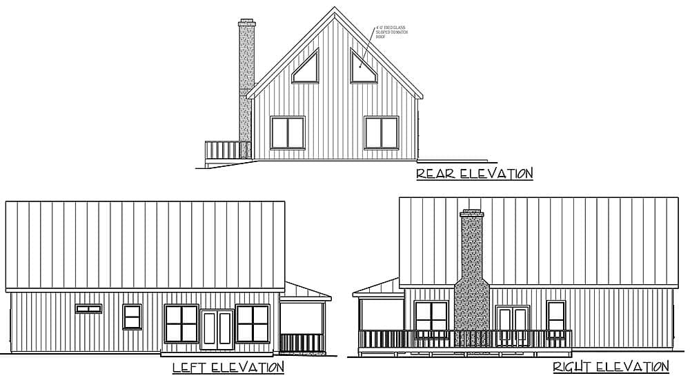 Architectural elevations for a house plan showing rear, left, and right views with a prominent brick chimney and gabled roofline.