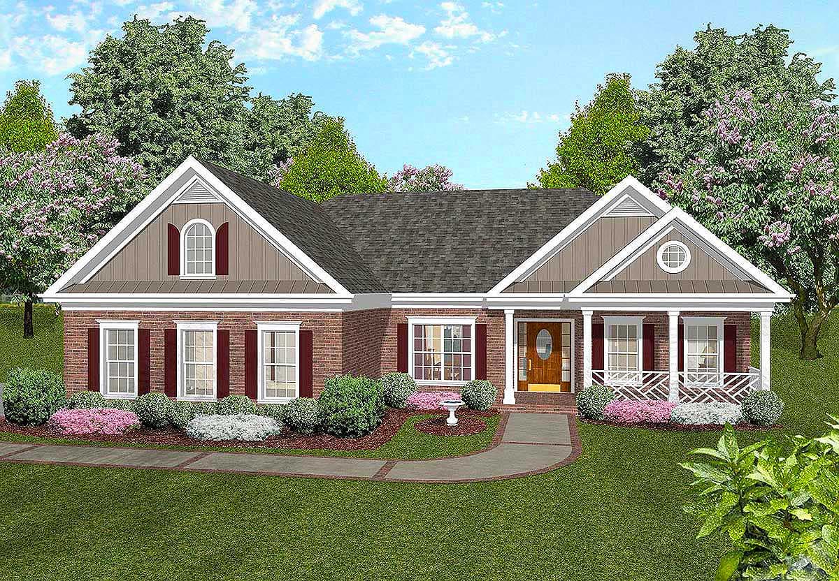House plan exterior with brick facade, front porch, and gabled roof. Features include decorative shutters and a circular window detail.