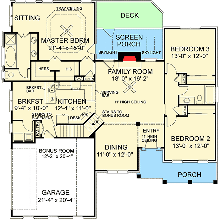 Plan 2018GA: Distinctive Ranch House Plan - 1787 Sq Ft - Floor Plan - Main Level - Ranch, Traditional