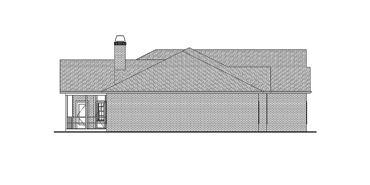 House plan exterior elevation shows a single-story brick structure with a shingled roof, prominent chimney, and covered porch.