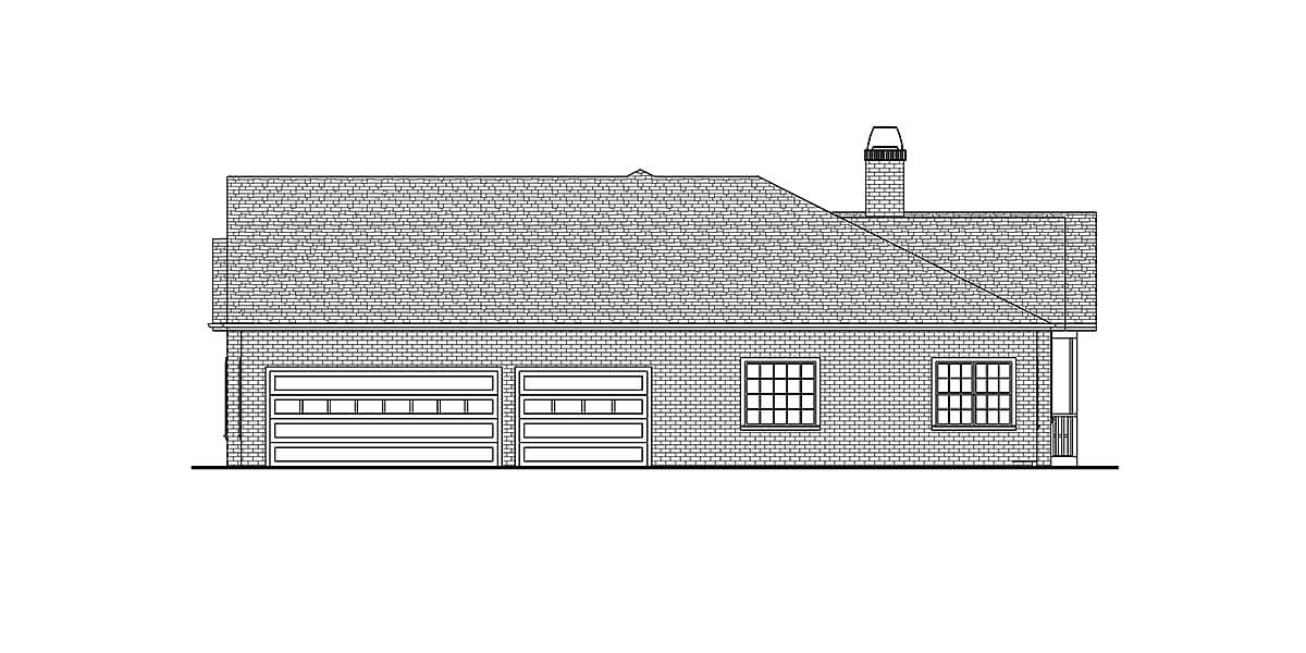House plan exterior: One-story home with a three-car garage, multi-pane windows, and a small covered porch.