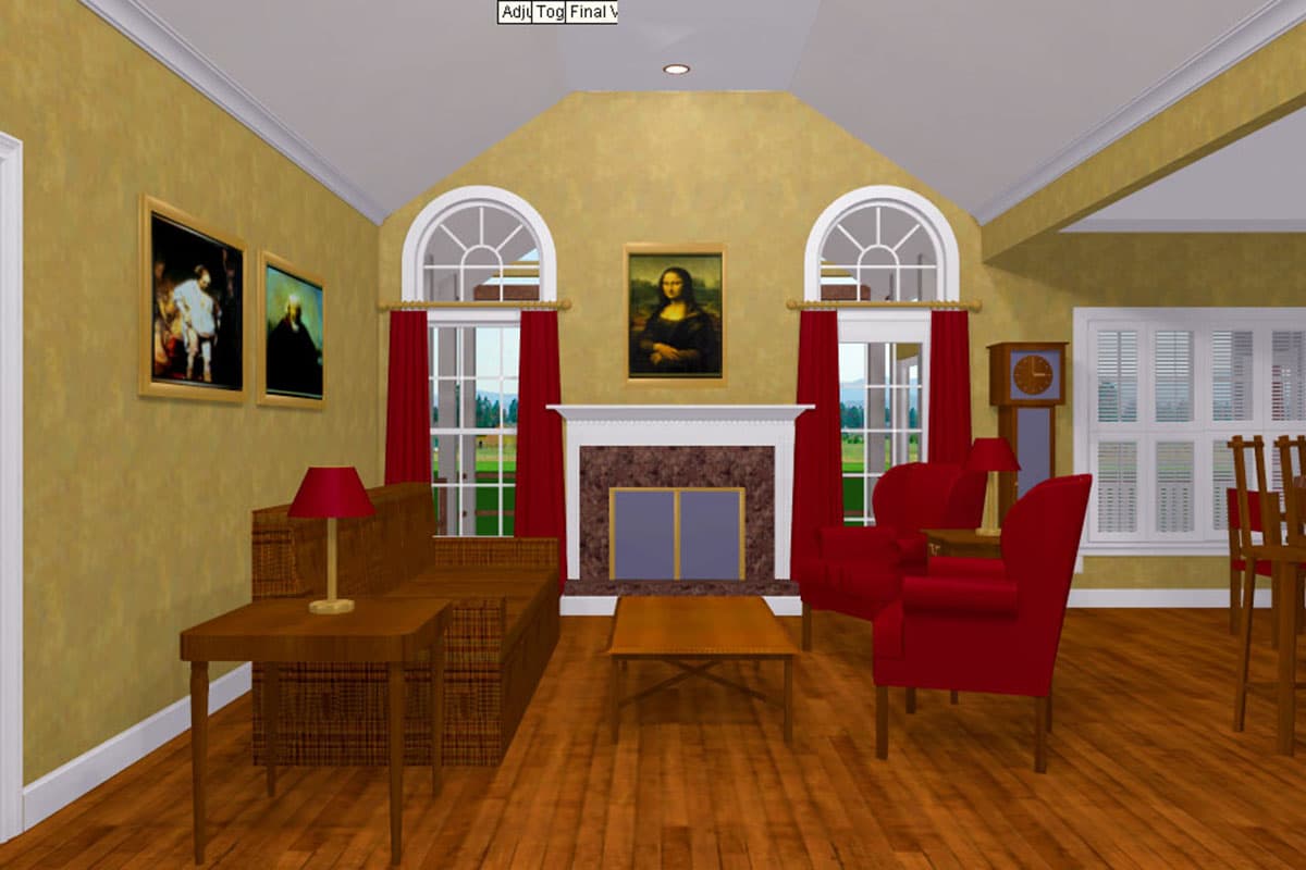 Interior rendering of living room with fireplace, arched windows, sofa, and chairs.