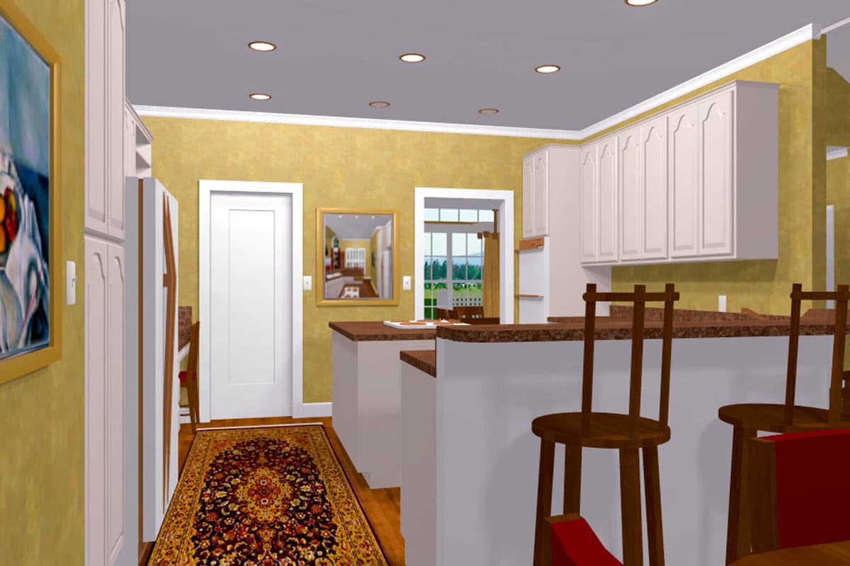 Interior view of a kitchen with a breakfast bar, white cabinets, a doorway, and a rug.