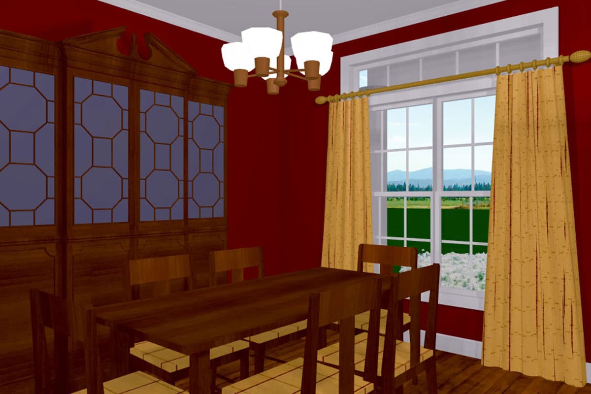 Dining room with dark wood table and chairs, ornate cabinet, and window with yellow curtains.