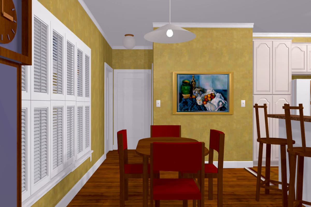 Dining area with oval table, four chairs, and bar stools at counter adjacent to kitchen with white cabinetry.
