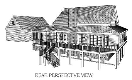 House plan exterior rear perspective shows a two-story house with a wrap-around deck, exterior stairs, and attached garage.