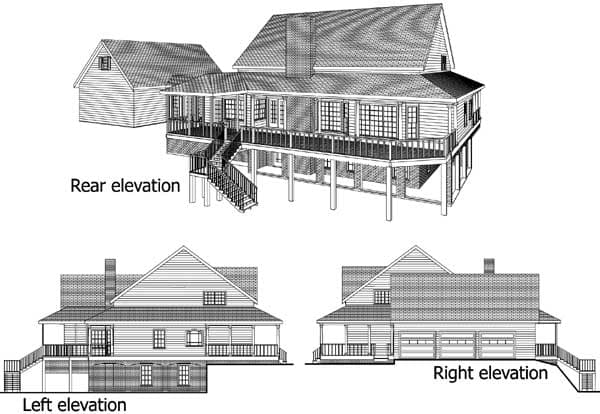 Architectural house plan elevations showing rear, left, and right views, with a raised foundation, wrap-around porch, and multi-car garage.
