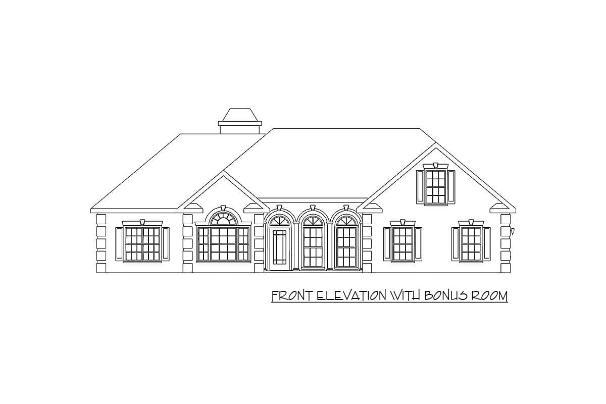 Front elevation drawing of a house plan featuring a triple arched entry, multiple gabled dormers, and a prominent roofline.