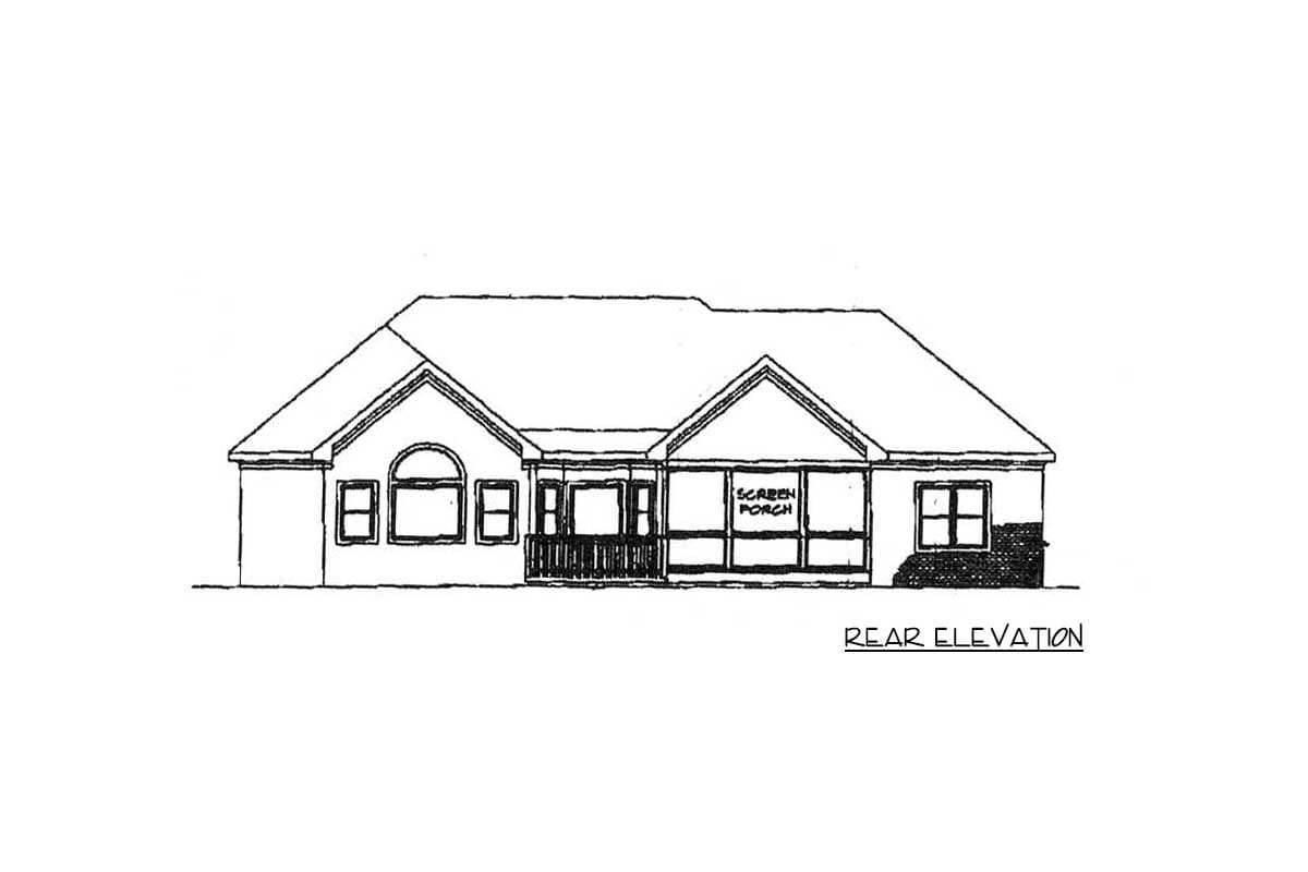 Rear elevation of a single-story house plan featuring a screened porch, gables, and arched windows.