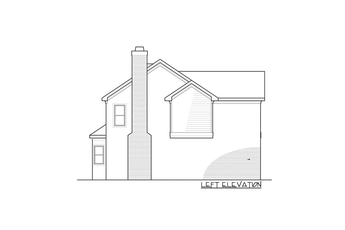 Left elevation drawing of a house plan, showing a brick chimney, gabled roof, dormer, and windows.