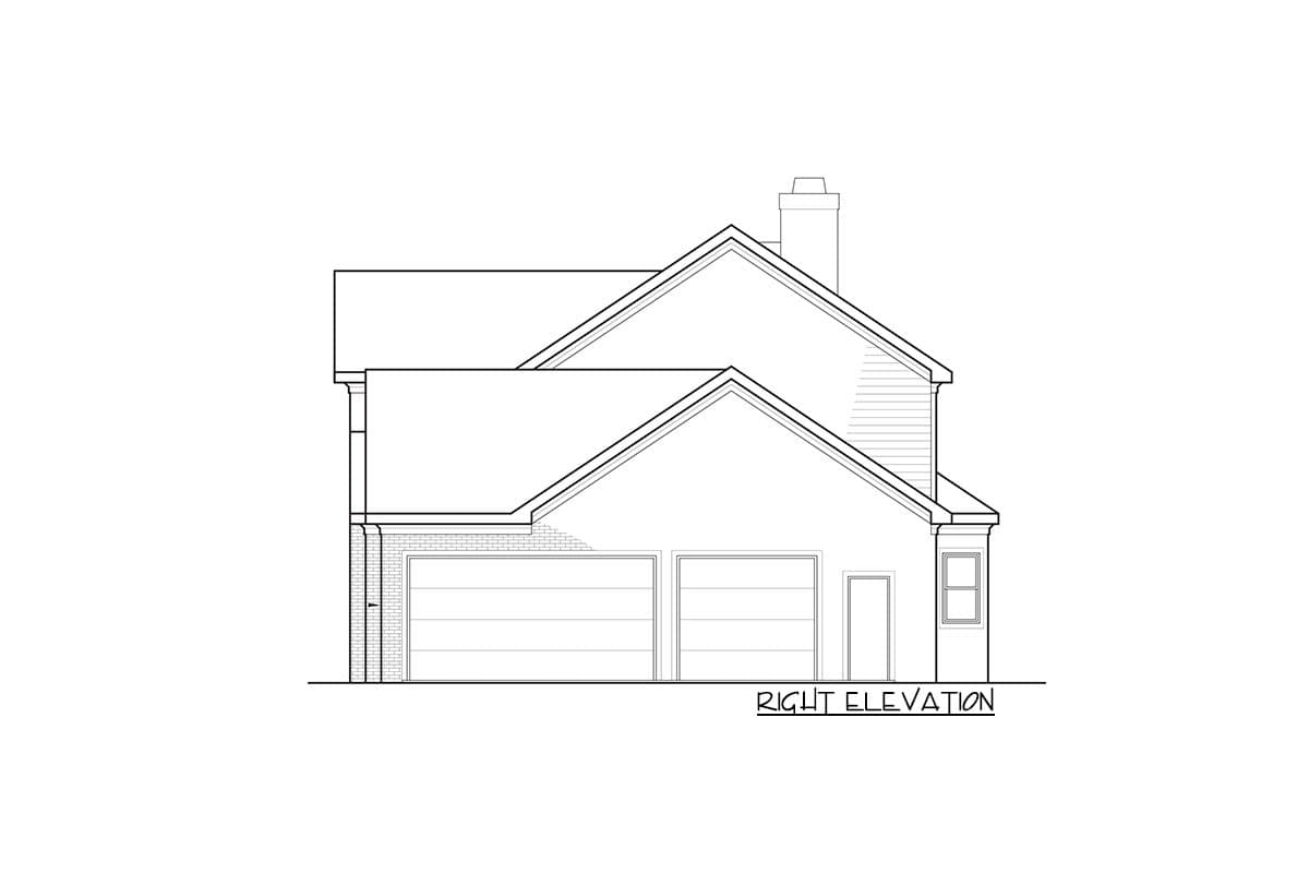 Right elevation drawing of a house plan showing a two-car garage, a side door, a window, and a chimney.
