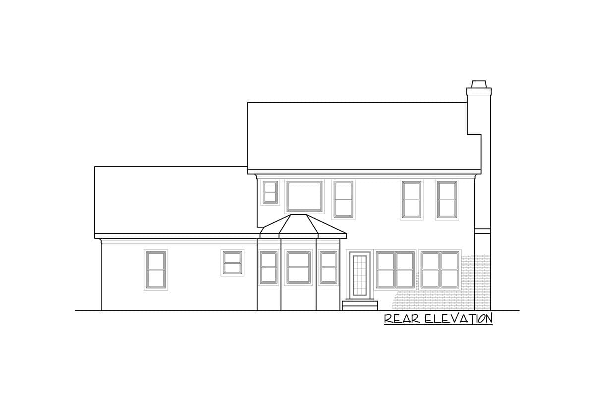 Rear elevation drawing of a house plan featuring a bay window, multiple windows, door, and chimney.