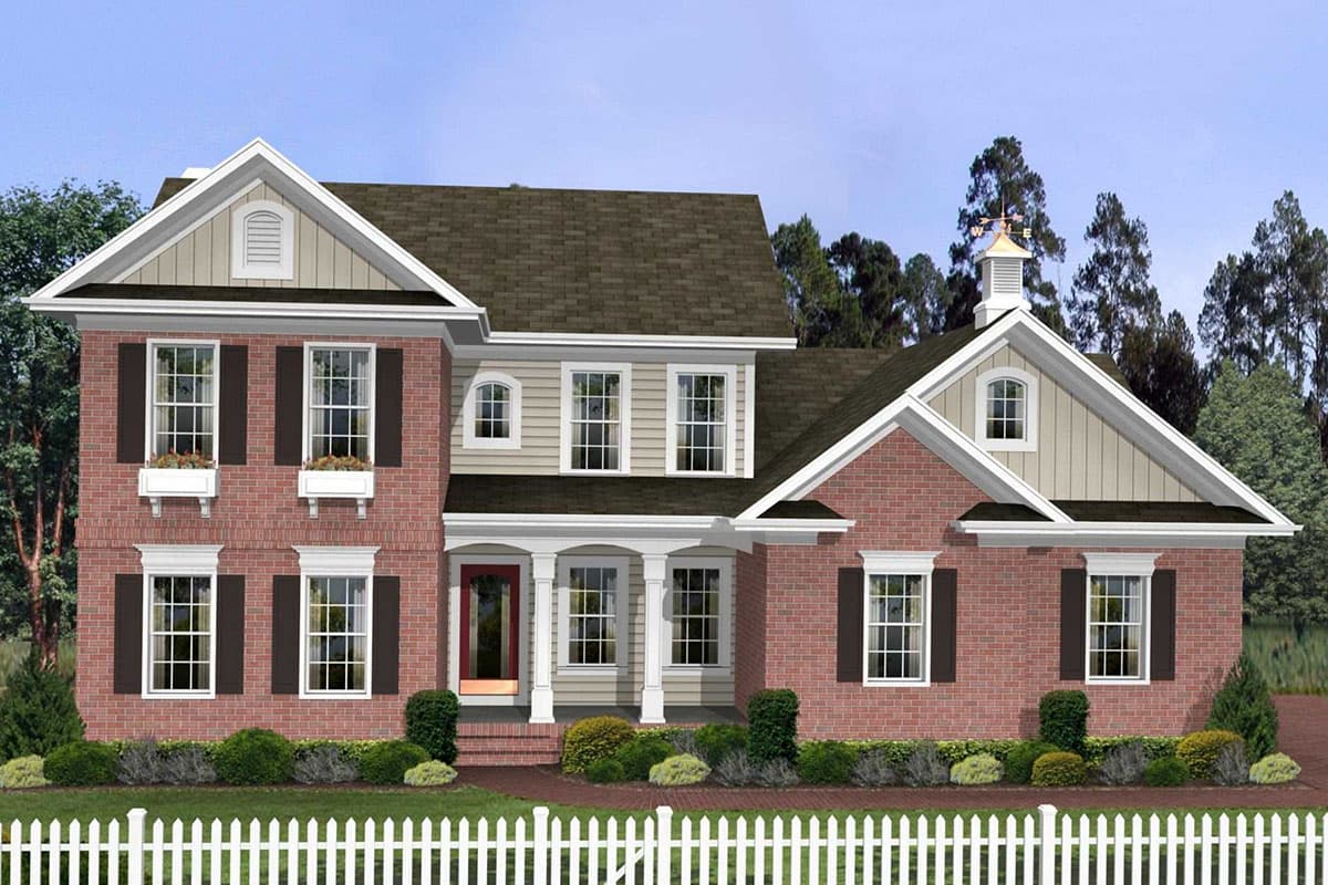 House plan exterior: Two-story brick home with prominent gables, dormers, and a covered front entry with columns.