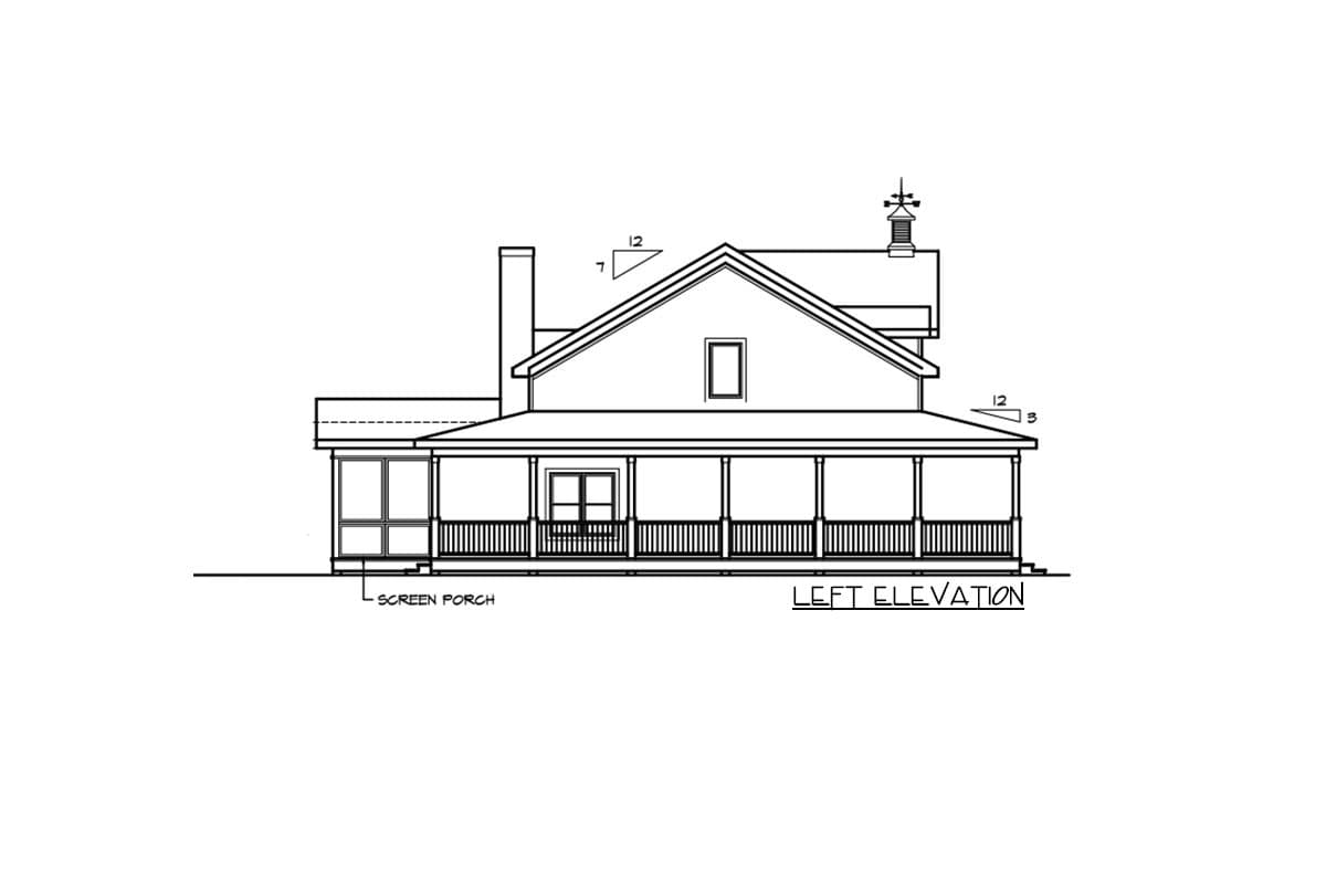 Left elevation house plan showing a screened porch, wrap-around porch with railing, chimney, and gabled roof.