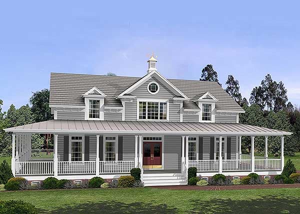 House plan exterior: Two-story home with wraparound porch, dormers, and central gable.