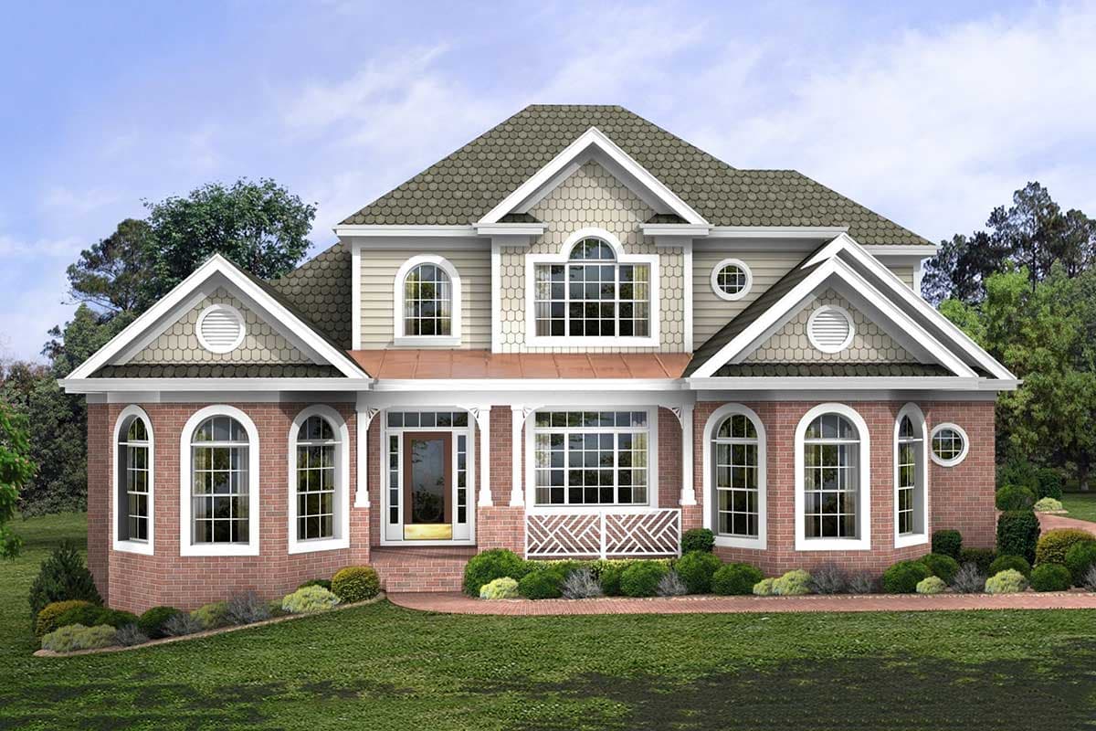 House plan exterior. Two-story home with brick facade, covered porch, multiple gables, and arched windows.