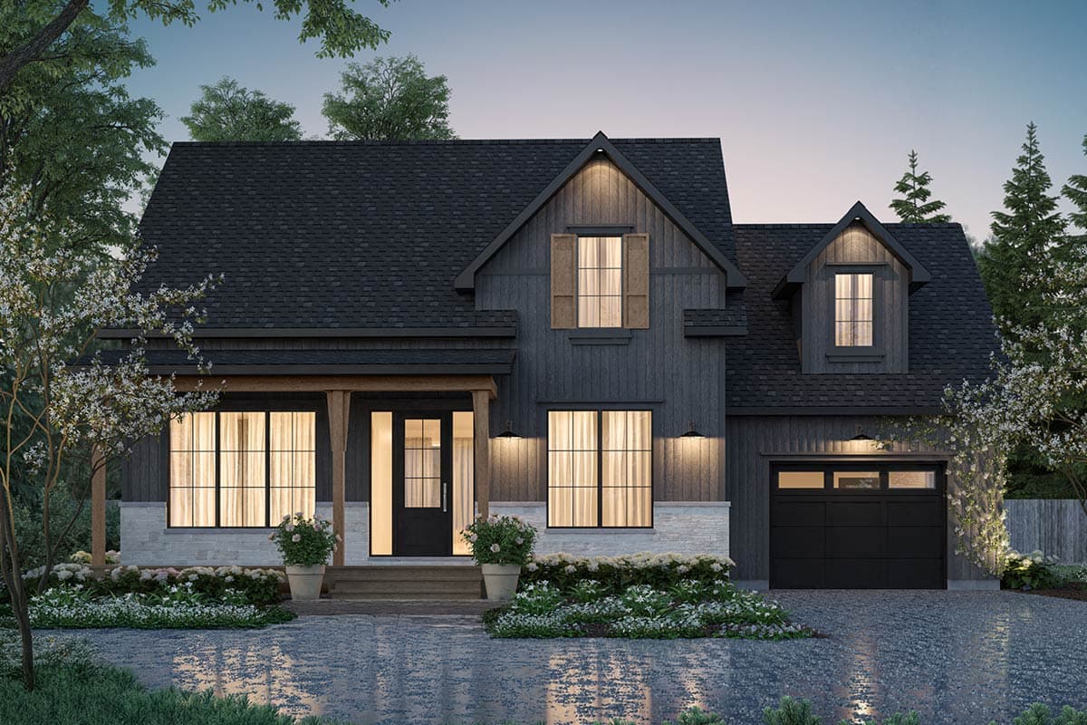 House plan exterior of a two-story red house with a covered porch, gables, dormers, and an attached garage.