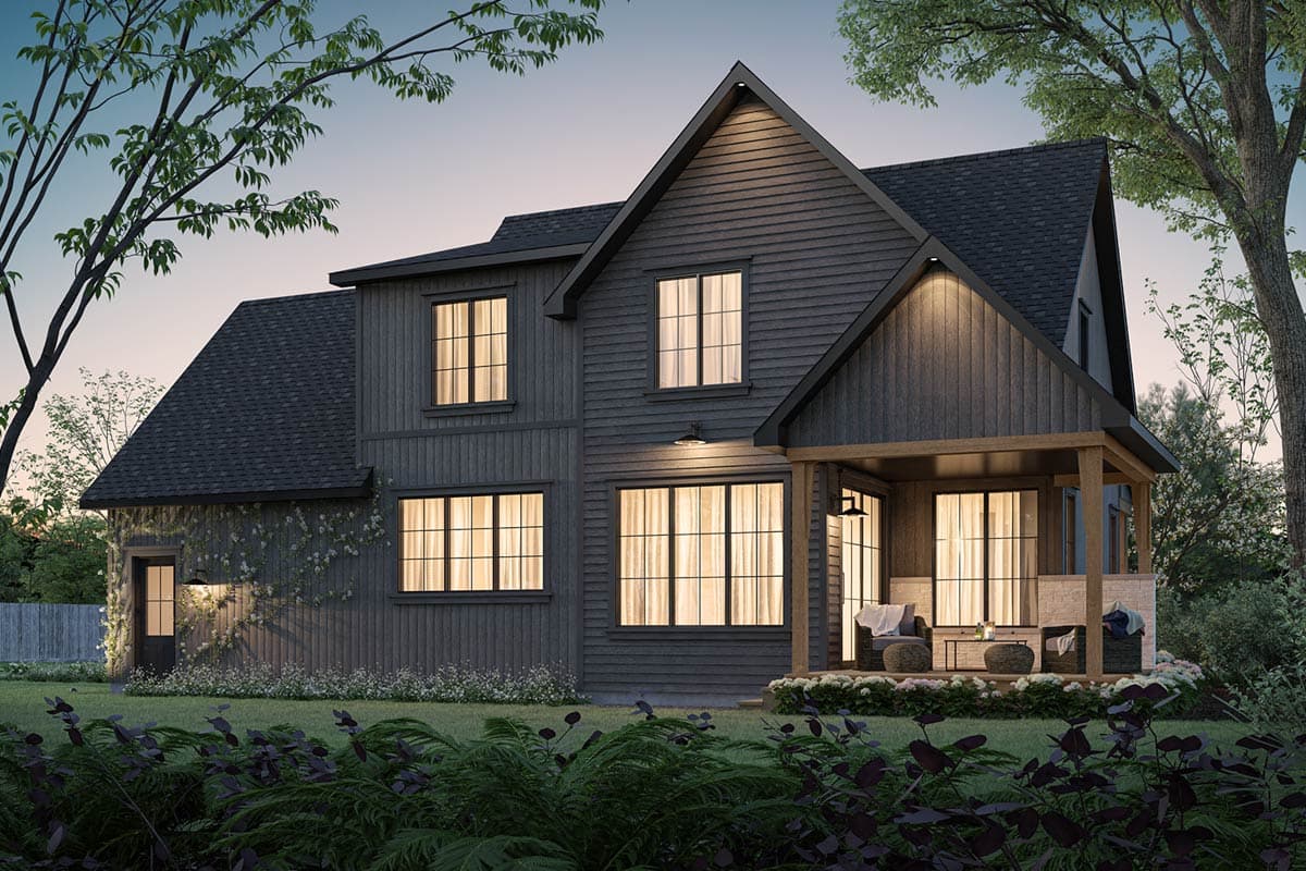 Rear elevation drawing of a two-story house with multiple windows, a central gable, and horizontal siding.