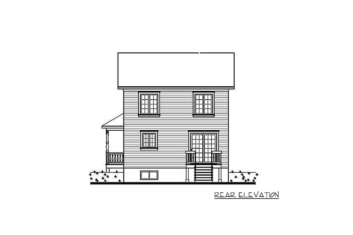 Rear elevation drawing of a two-story house with a side porch, double doors, and double-hung windows.