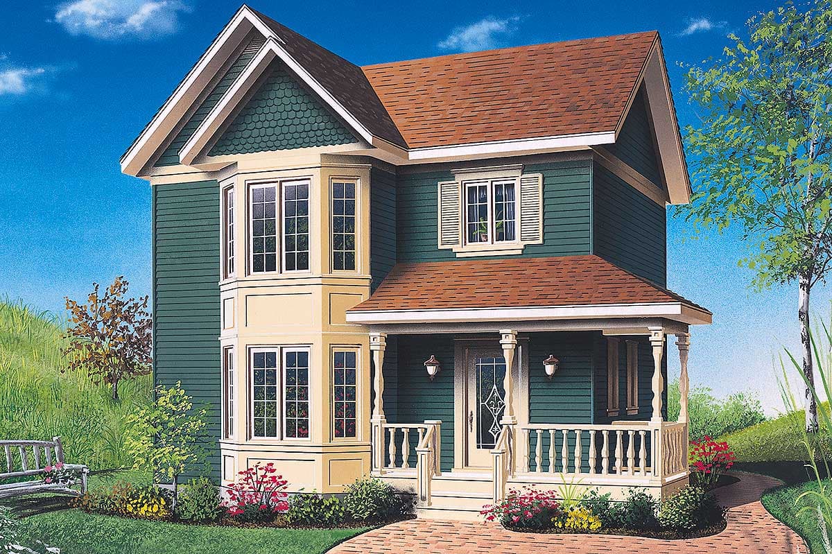 House plan exterior showing a two-story home with a bay window, covered porch, and steep gables.