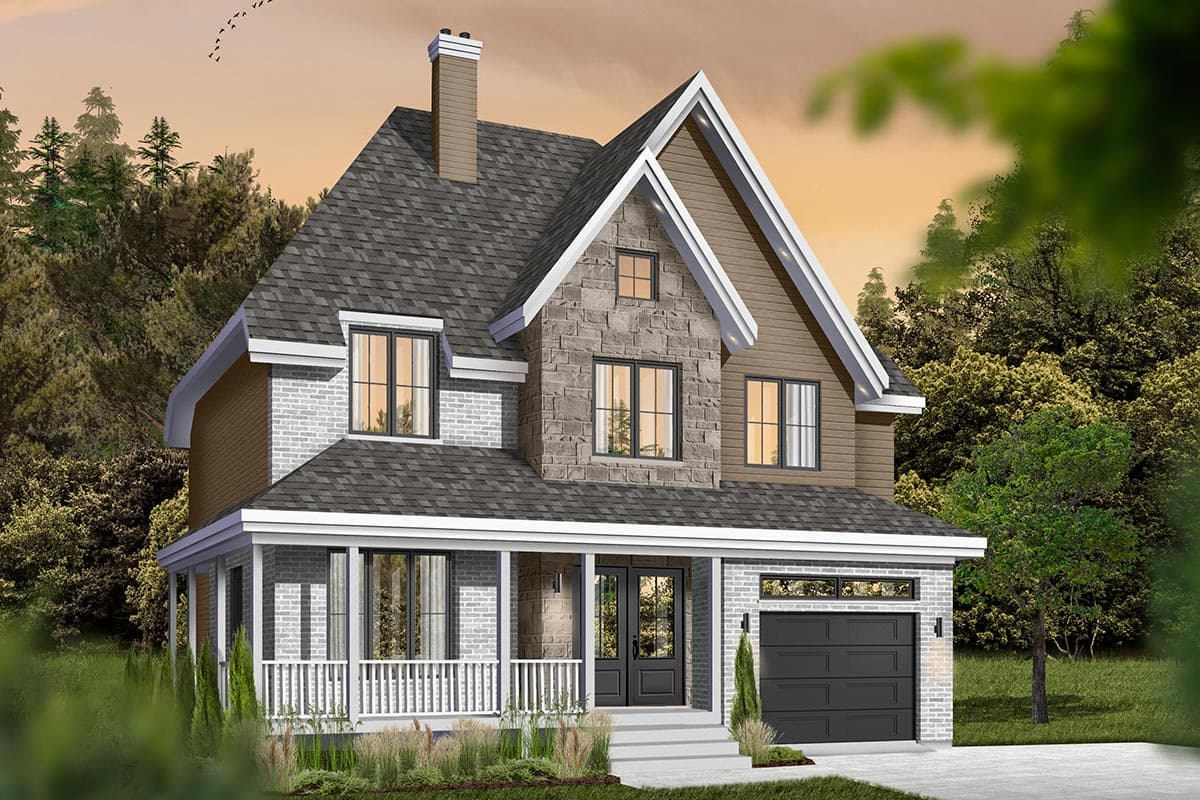 House plan exterior. Two-story Craftsman home with a front porch, gables, stone facade, and attached garage.