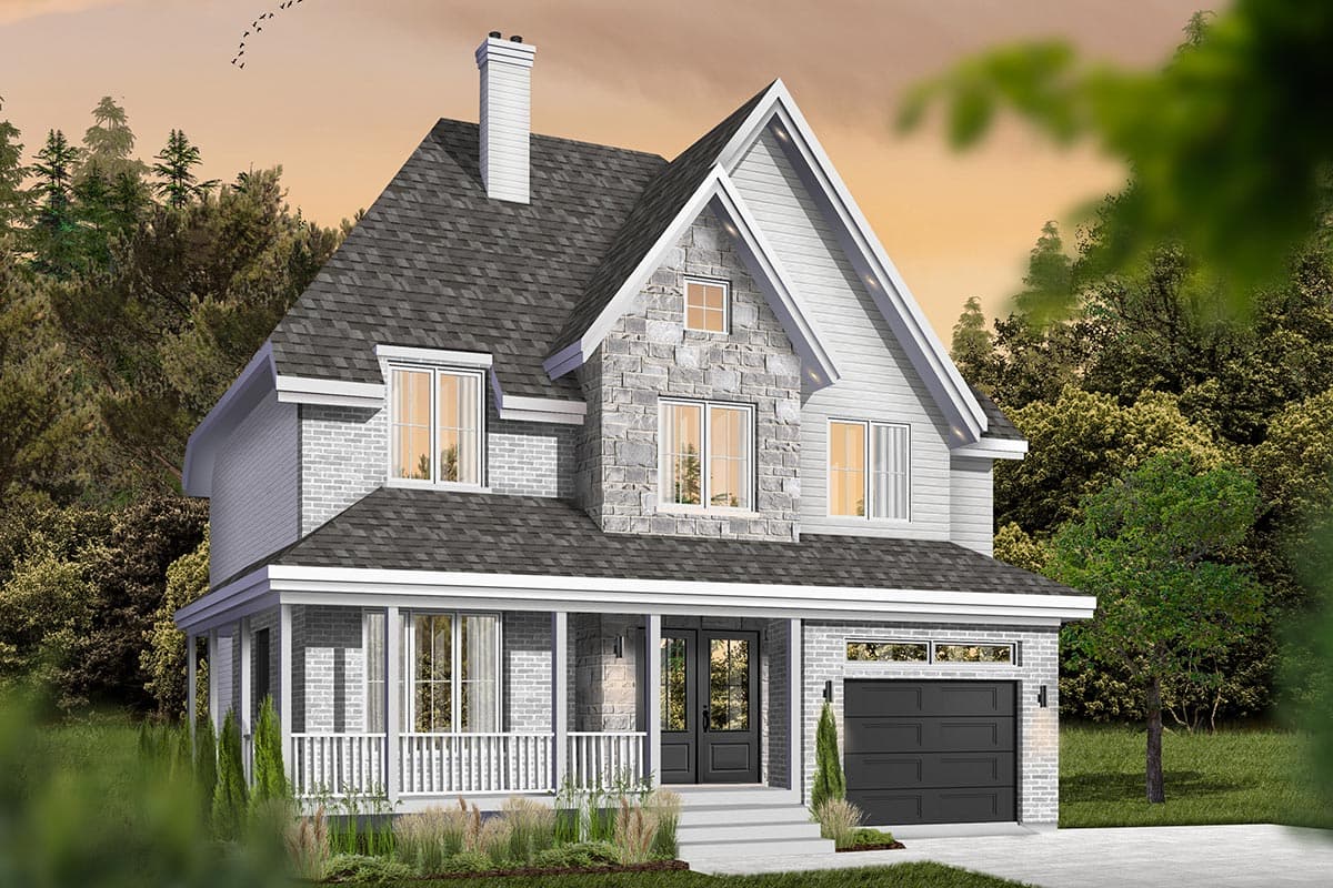House plan exterior: Two-story home with prominent gabled dormer, stone accent, covered porch, and attached garage.