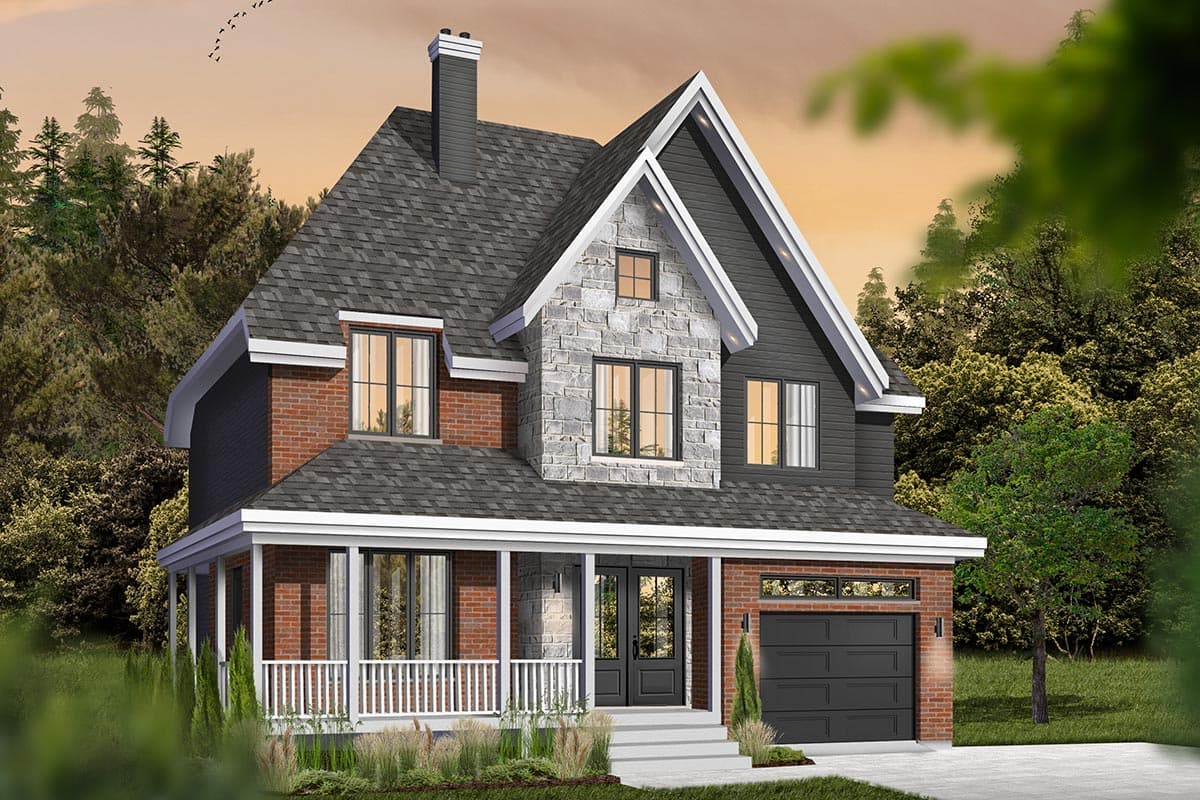 House plan exterior, two stories, brick and stone facade, front porch, gables, and attached garage.