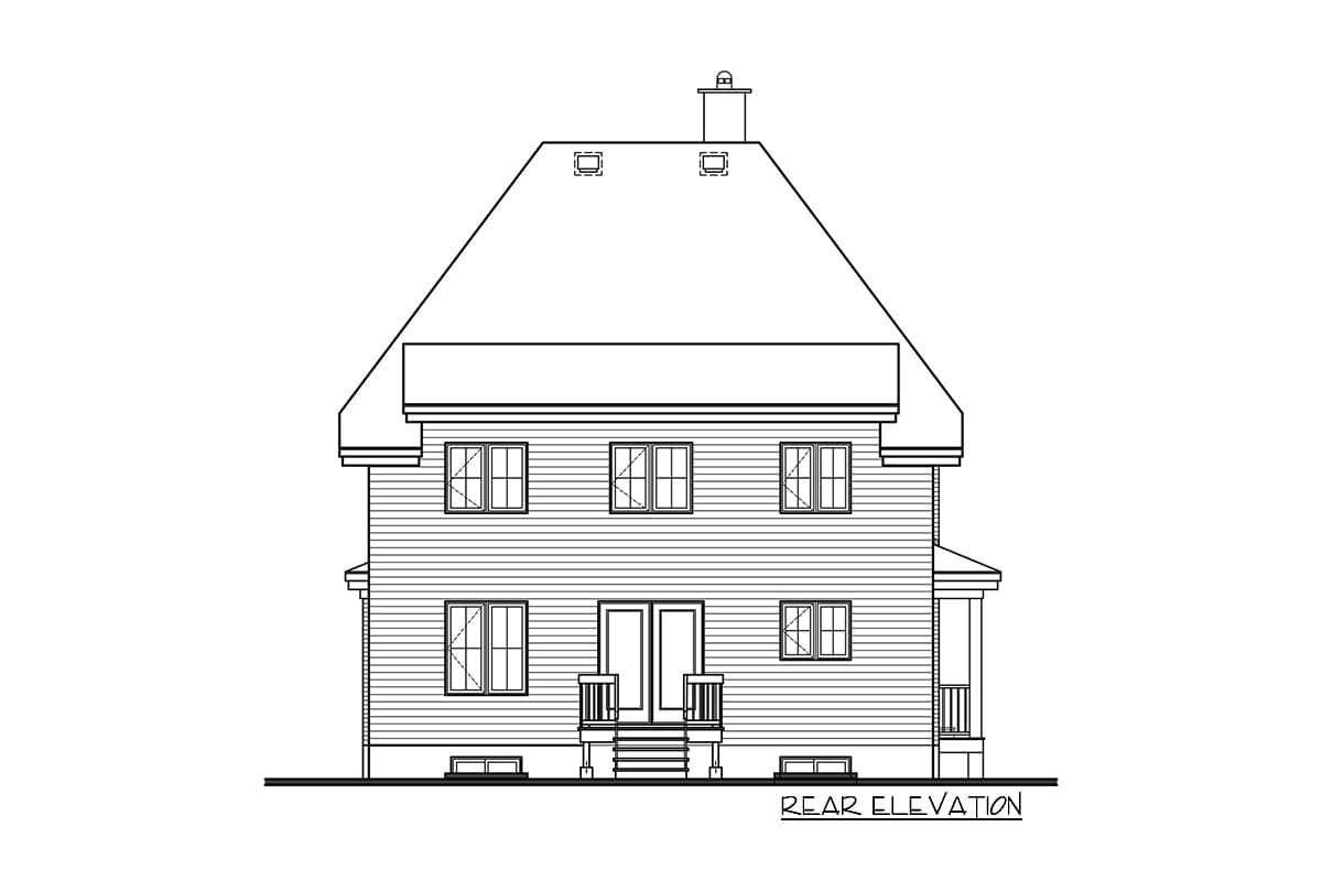 Rear elevation drawing of a two-story house with a hip roof, multiple windows, double doors, and a small porch.