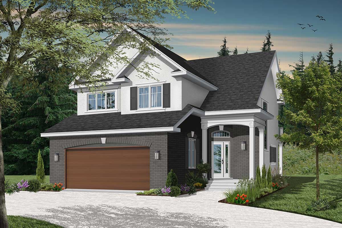 House plan exterior: Two-story home with a dark brick base, prominent gables, covered entry with columns, and a side-facing garage.