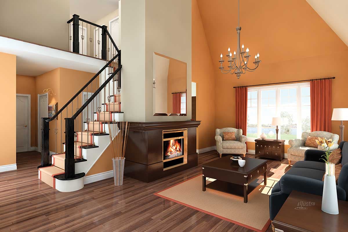 Interior rendering of a great room with vaulted ceiling, fireplace, staircase, and large windows.