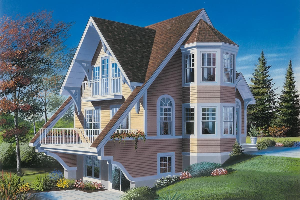House plan exterior featuring a prominent gable with decorative brackets, multiple balconies, and a bay window.